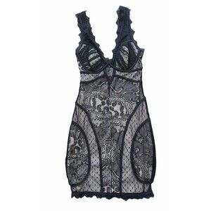 Y2K Bebe Nude Black Slip Lace V Neck Corset Bustier Party Dress XS Fairy Sexy